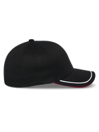 Alpinestars Corp Shift Relay Hat, Black Baseball Cap, side profile, curved bill with white sutache trim and red underside, structured crown, casual motorsport-inspired headwear