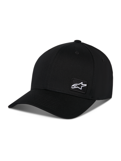 Boné Alpinestars Pivot, boné sportswear preto, com pala curva e copa estruturada, pequeno patch com logótipo Astars branco na lateral, design casual inspirado no desporto motorizado