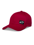 Alpinestars Pivot Chapéu, boné de sarja vermelho escuro com aba curva e pequeno logótipo Astars bordado, sportswear casual.