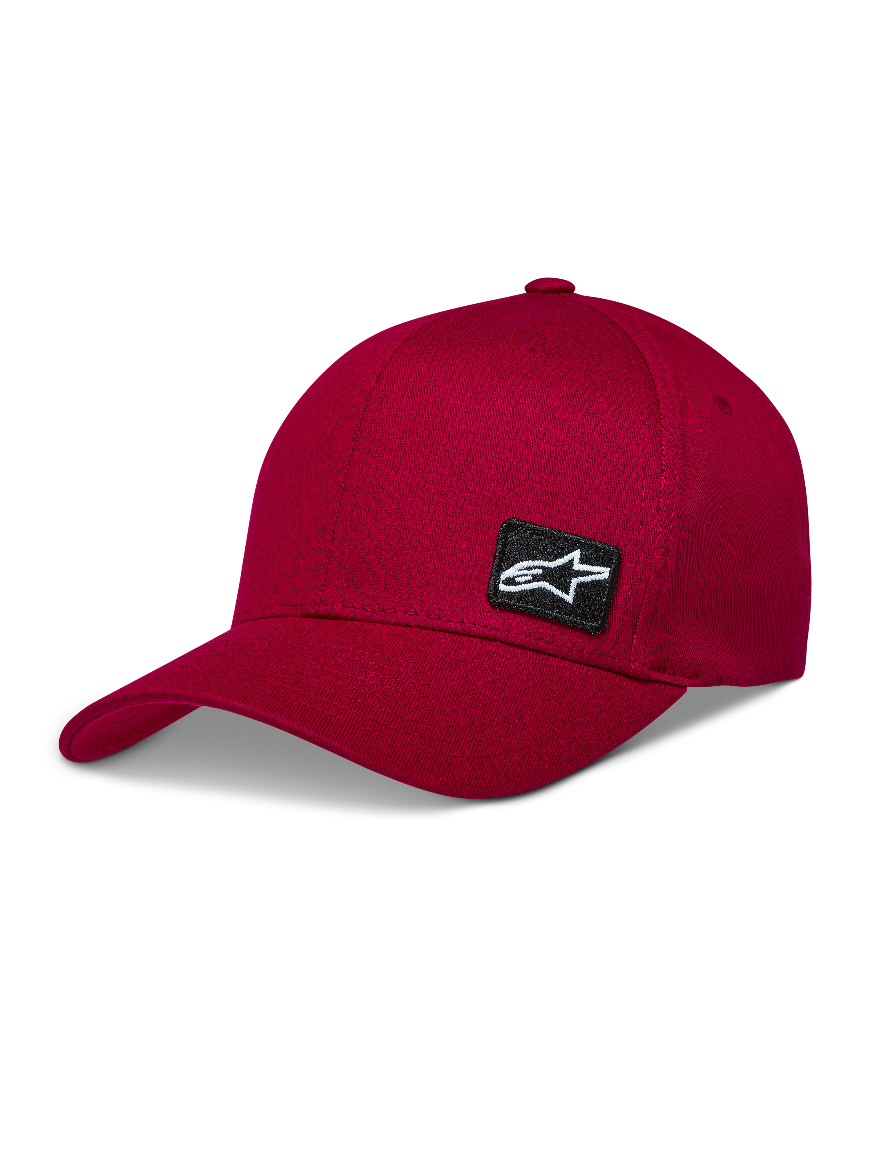 Alpinestars Pivot Chapéu, boné de sarja vermelho escuro com aba curva e pequeno logótipo Astars bordado, sportswear casual.