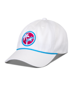 Alpinestars Calipalm Strapback Hat, White, curved bill with blue rope detail, circular front patch featuring a white palm tree and blue Astars logo on a pink background, casual sportswear headwear
