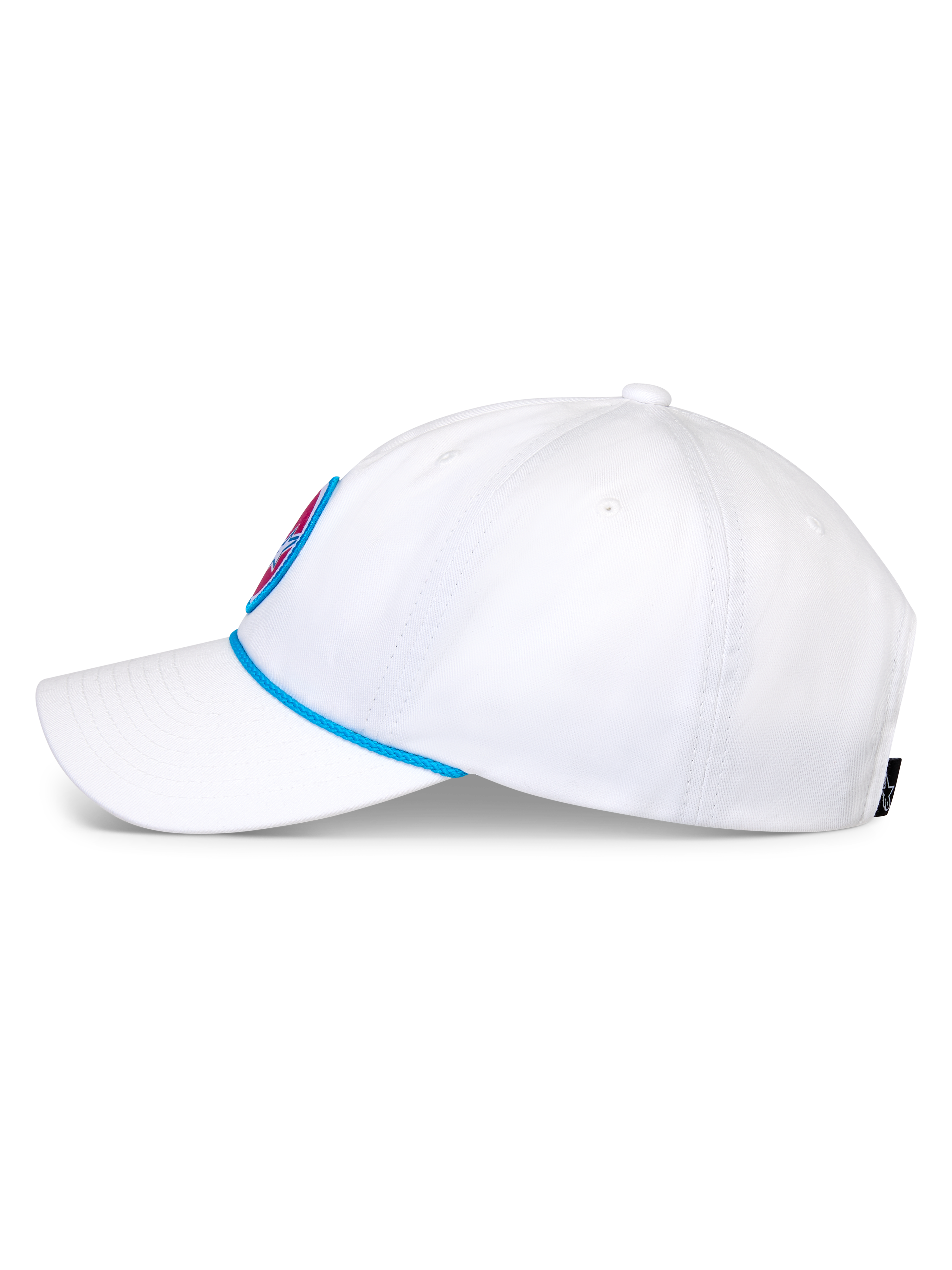 Alpinestars Calipalm Strapback Hat, White Baseball Cap, side view featuring a curved bill and blue rope detail, unstructured low crown in white cotton twill, casual sportswear headwear
