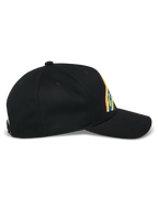 Alpinestars Lucid Snapback Hat, Black, side profile view, curved bill with structured crown, featuring vibrant multi-color logo embroidery, 100% cotton twill fabric.