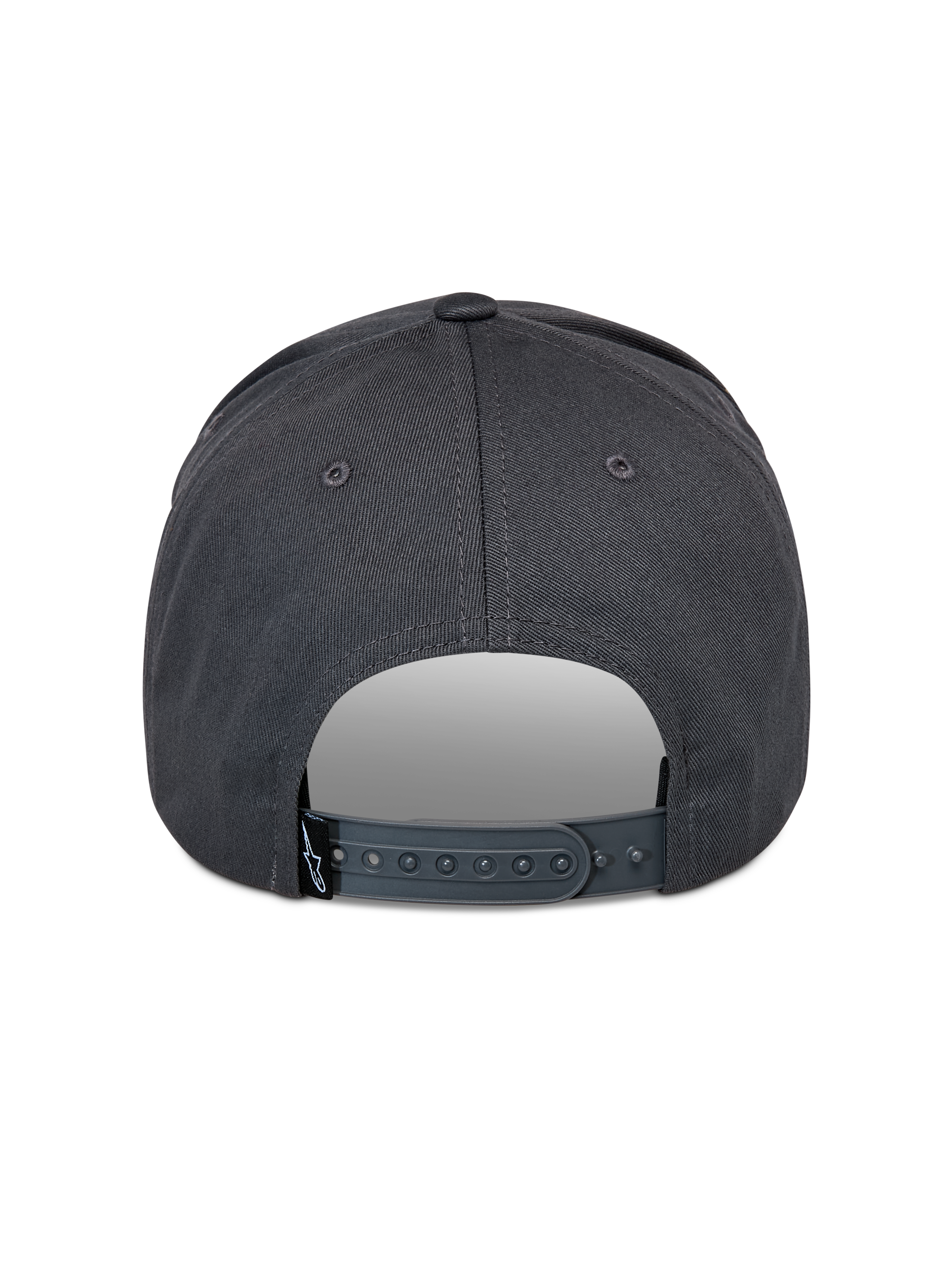 Alpinestars Lucid Snapback Hat, Charcoal Gray, back view showing adjustable plastic snapback closure and small black logo tag, structured crown, casual motorsport-inspired headwear