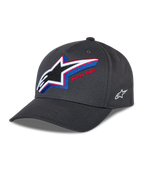 Alpinestars Lucid Snapback Hat, Charcoal Gray baseball cap, curved bill with structured crown, large multi-color embroidered Astars logo on front with 'Racing Ahead' text, small white side logo, casual motorsport style