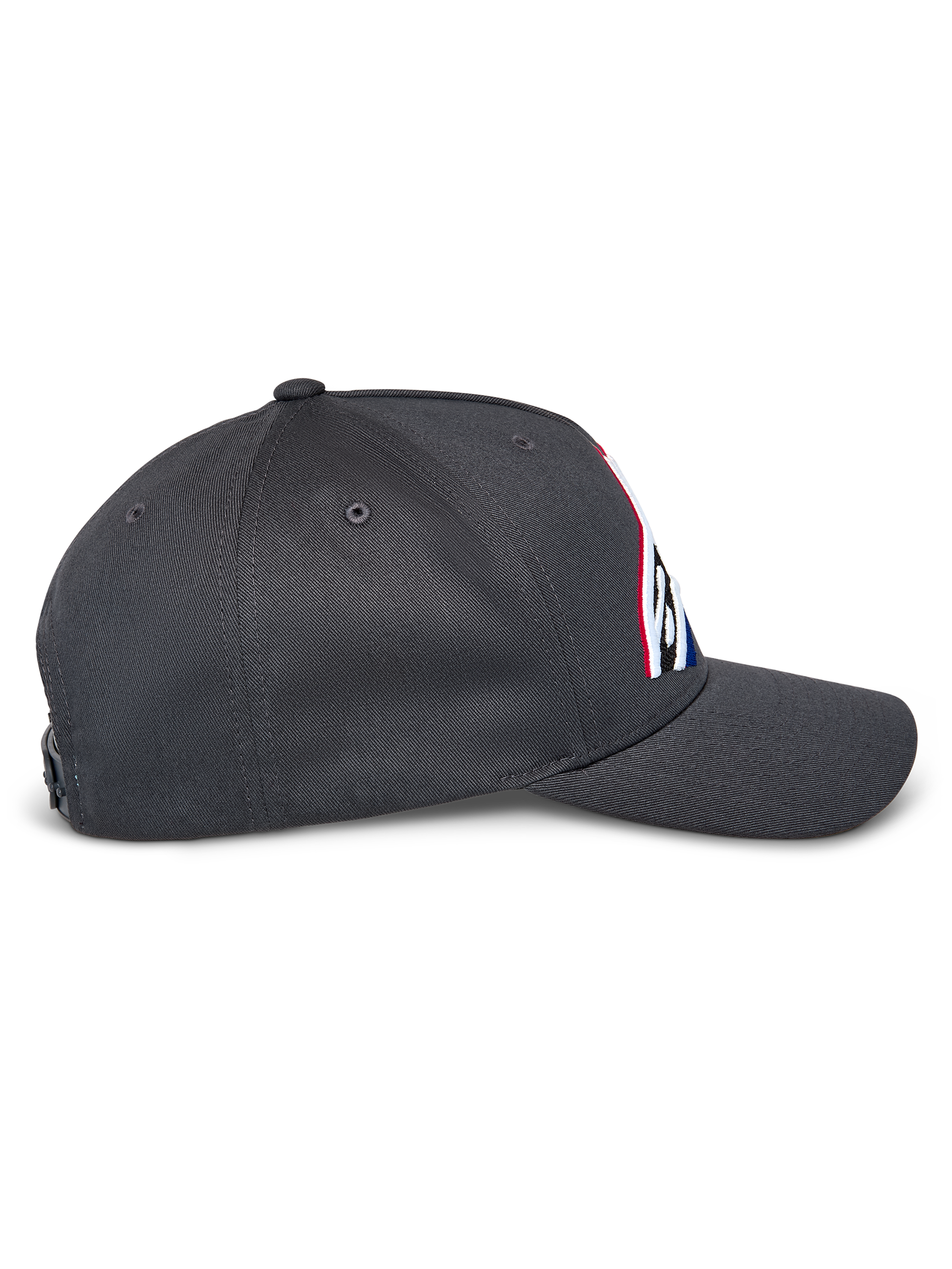 Alpinestars Lucid Snapback Hat, side profile view, Charcoal Gray, curved bill and structured crown, embroidered front logo with multi-color fill, casual motorsport-inspired snapback