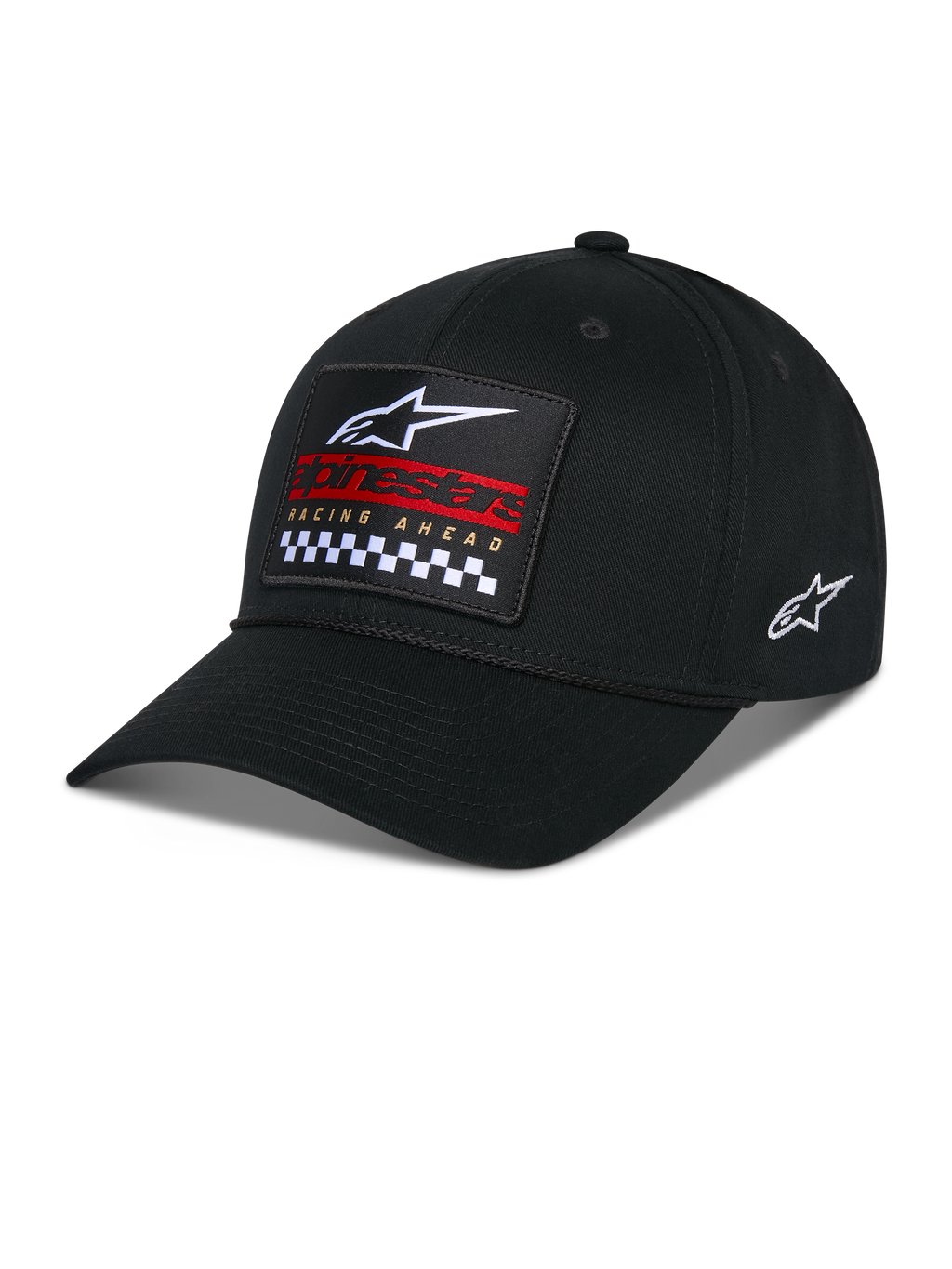 Alpinestars Matrix Snapback Hat, Black, curved bill with structured crown, front multi-color embroidery patch with Alpinestars logo, red branding, and checkered pattern, side embroidered logo, casual motorsport headwear
