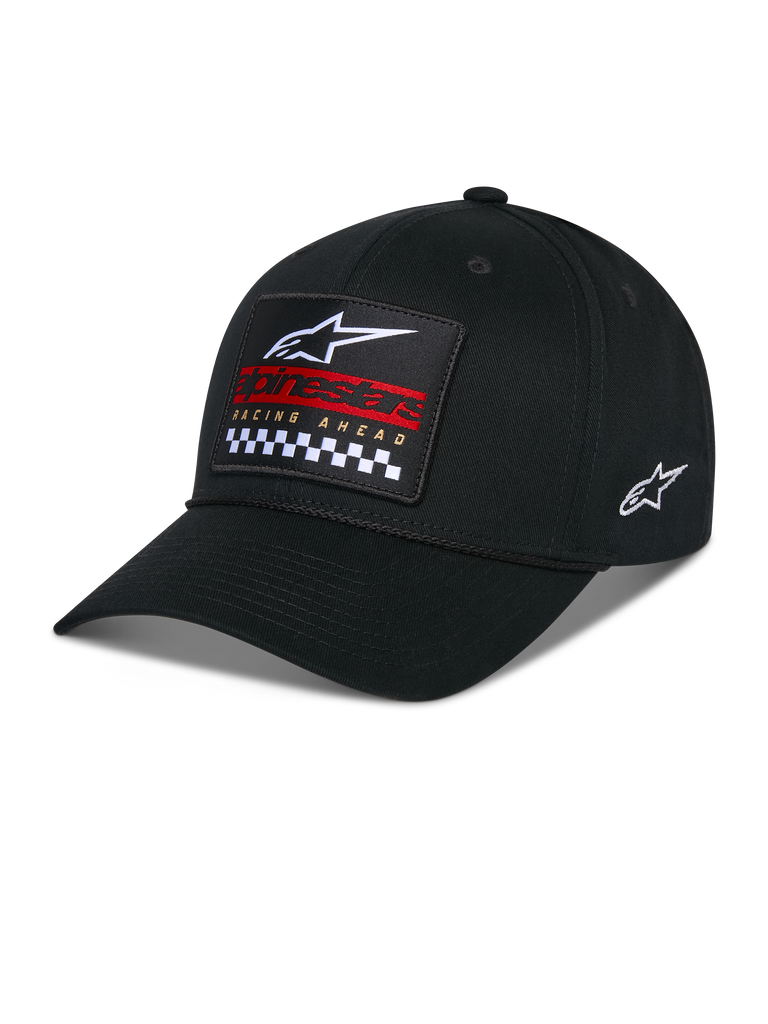 Boné Alpinestars Matrix Snapback, preto, pala curva com copa estruturada, patch frontal bordado multicolorido com o logótipo Alpinestars, marca vermelha e padrão axadrezado, logótipo lateral bordado, acessório casual de desportos motorizados