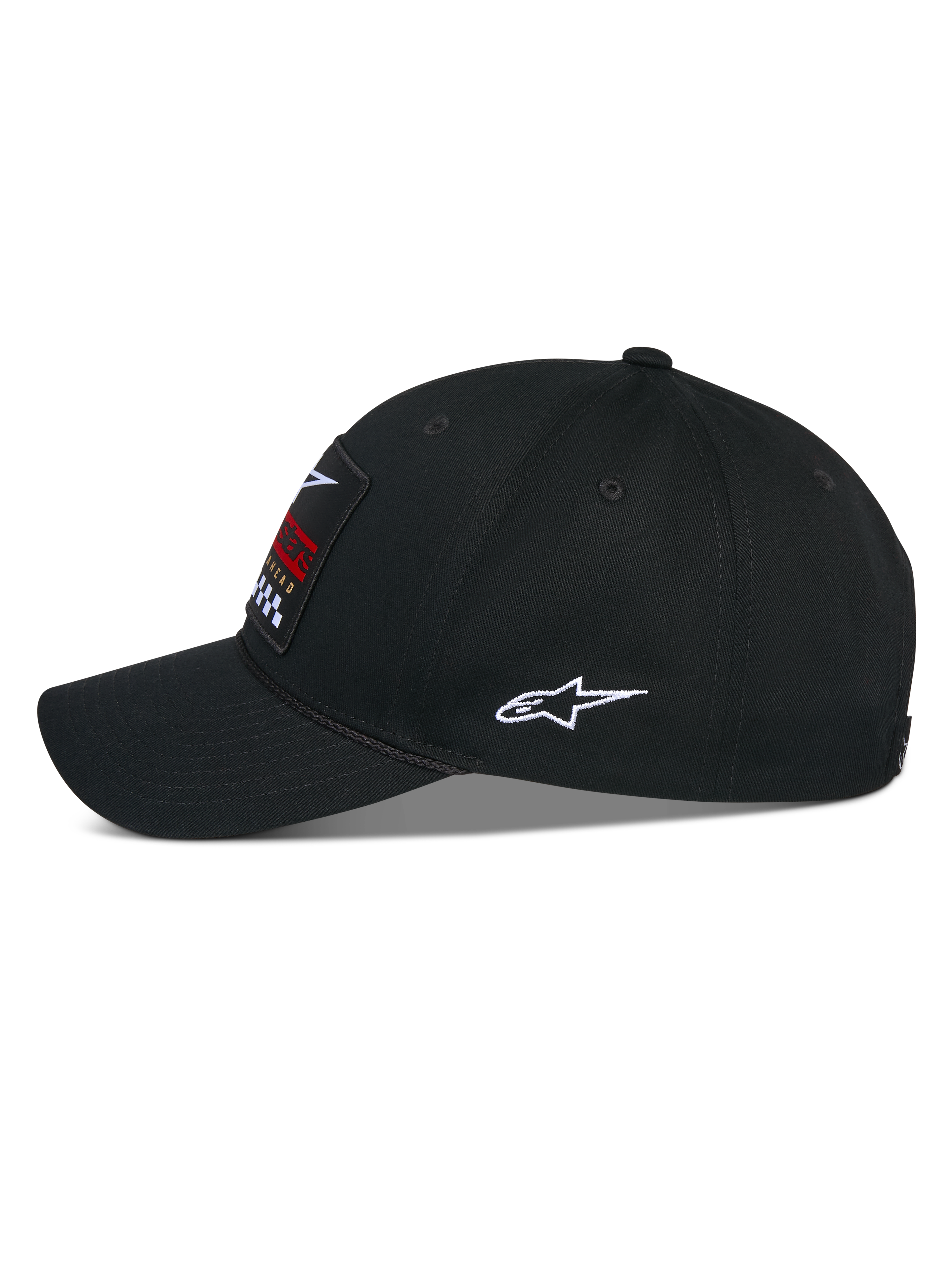 Alpinestars Matrix Snapback Hat, Black, side view of a casual baseball cap with a curved bill and structured crown, featuring a front multicolor embroidery patch and a white Astars logo on the side, cotton twill construction.