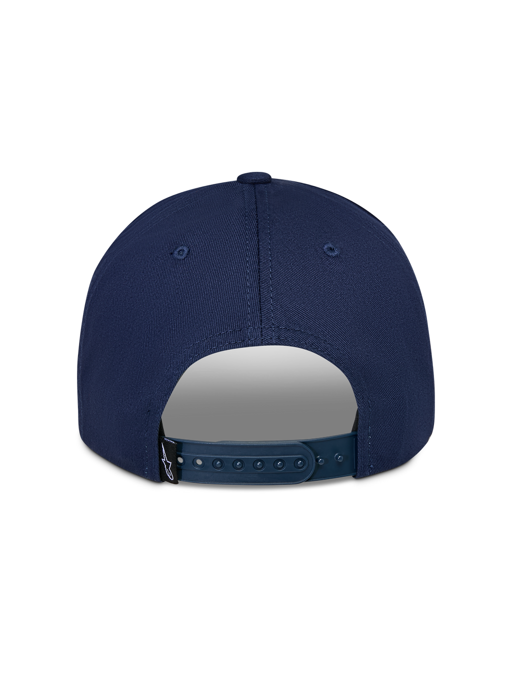 Boné Alpinestars Trifecta Snapback, azul-marinho, vista traseira com fecho snapback ajustável, pequena etiqueta preta com logótipo, sarja de algodão durável, estilo casual motorsport streetwear