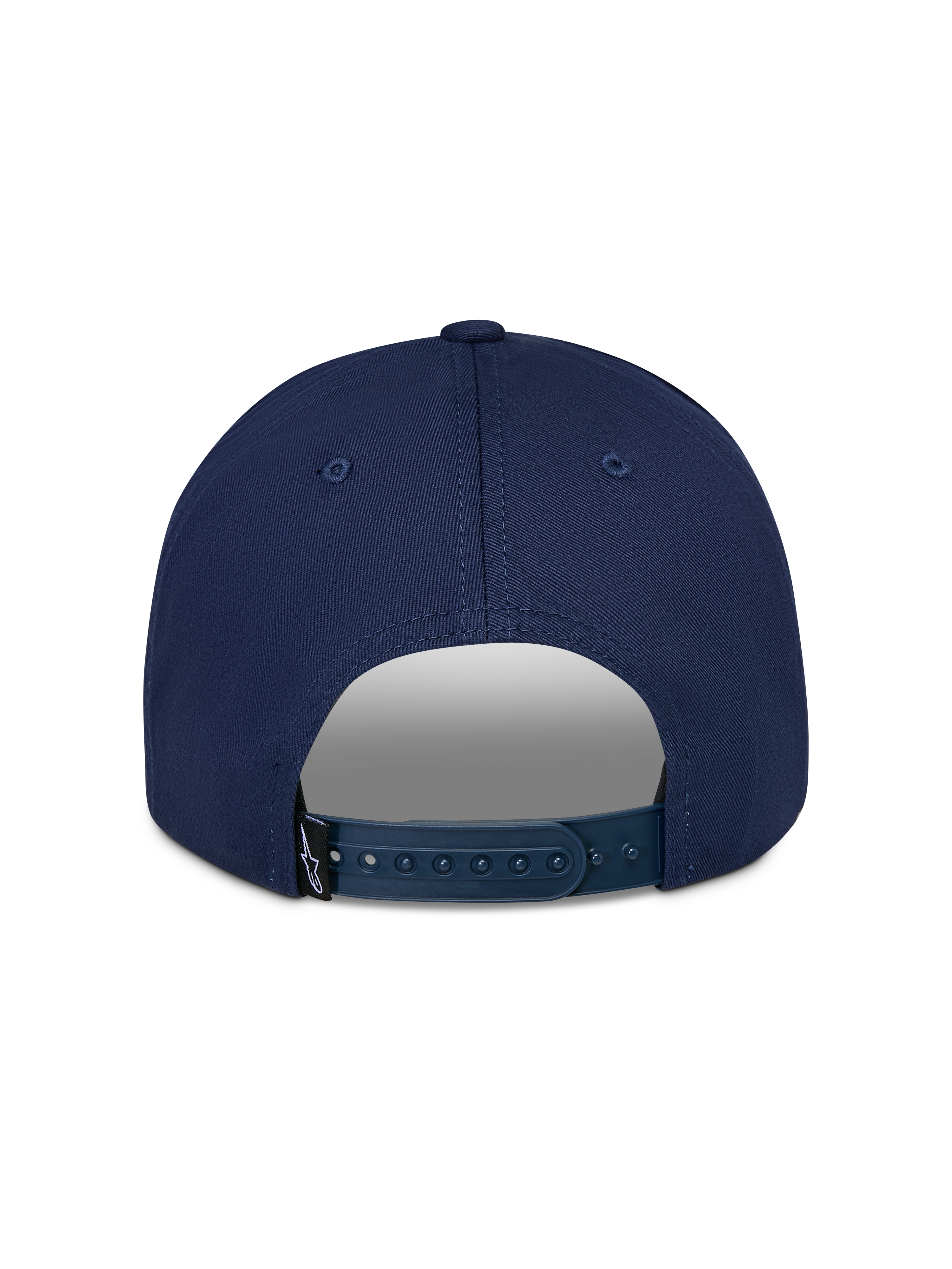Boné Alpinestars Trifecta Snapback, azul-marinho, vista traseira com fecho snapback ajustável, pequena etiqueta preta com logótipo, sarja de algodão durável, estilo casual motorsport streetwear