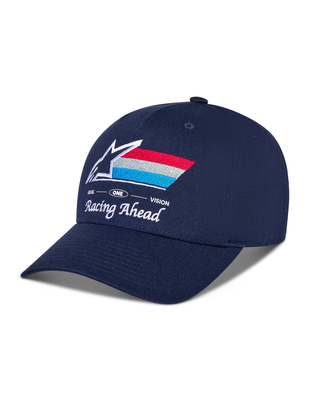 Boné Alpinestars Trifecta Snapback, azul marinho, pala curva com copa estruturada, logótipo Astars bordado na frente com riscas vermelhas, brancas e azul claro, texto 'Racing Ahead' e 'Goal One Vision', boné casual de motorsport