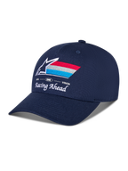 Boné Alpinestars Trifecta Snapback, azul marinho, pala curva com copa estruturada, logótipo Astars bordado na frente com riscas vermelhas, brancas e azul claro, texto 'Racing Ahead' e 'Goal One Vision', boné casual de motorsport