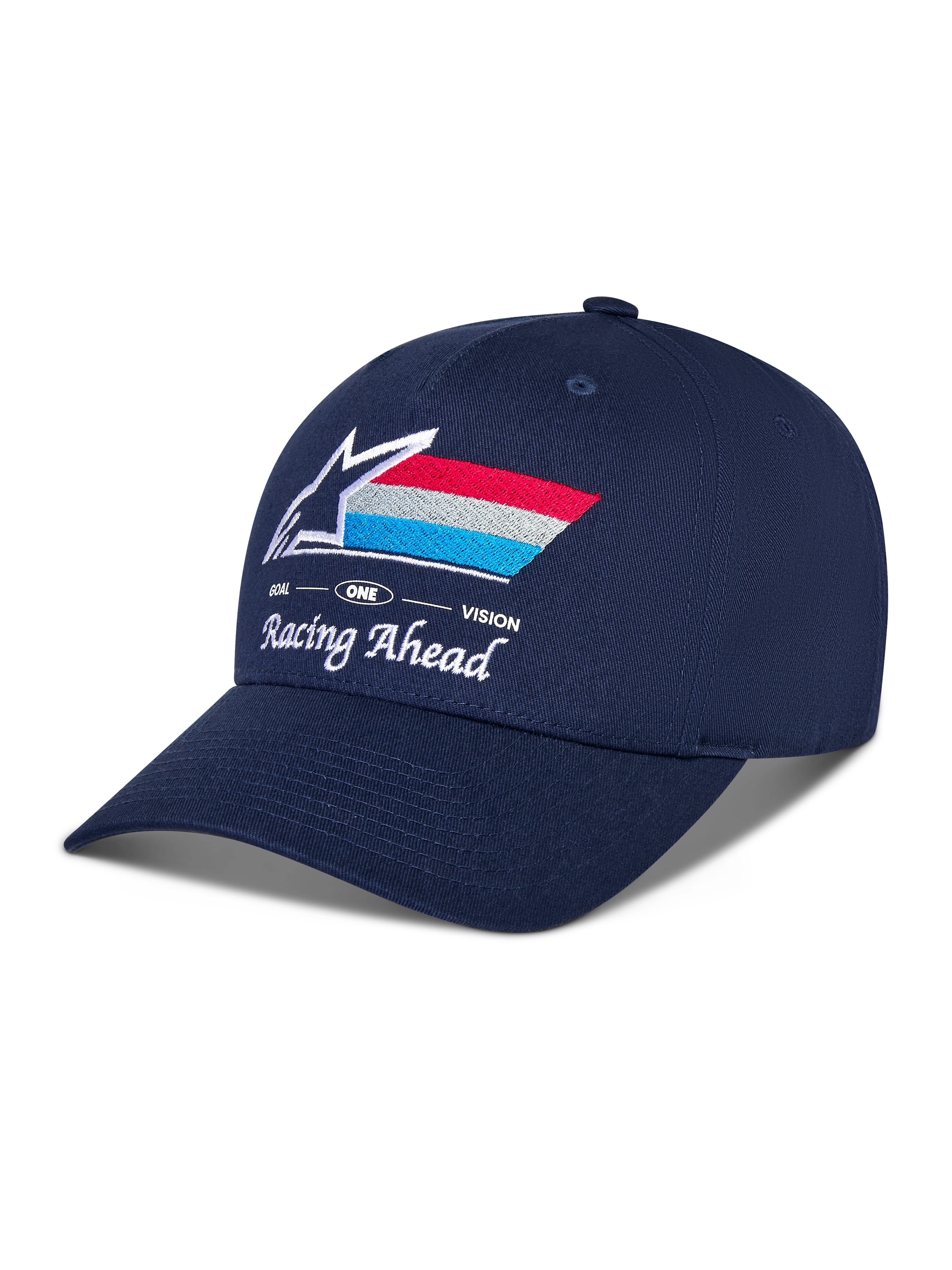 Boné Alpinestars Trifecta Snapback, azul marinho, pala curva com copa estruturada, logótipo Astars bordado na frente com riscas vermelhas, brancas e azul claro, texto 'Racing Ahead' e 'Goal One Vision', boné casual de motorsport