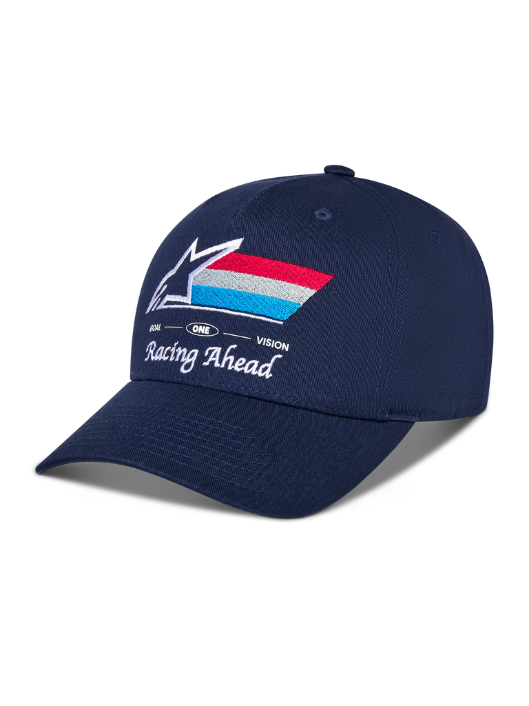 Boné Alpinestars Trifecta Snapback, azul marinho, pala curva com copa estruturada, logótipo Astars bordado na frente com riscas vermelhas, brancas e azul claro, texto 'Racing Ahead' e 'Goal One Vision', boné casual de motorsport