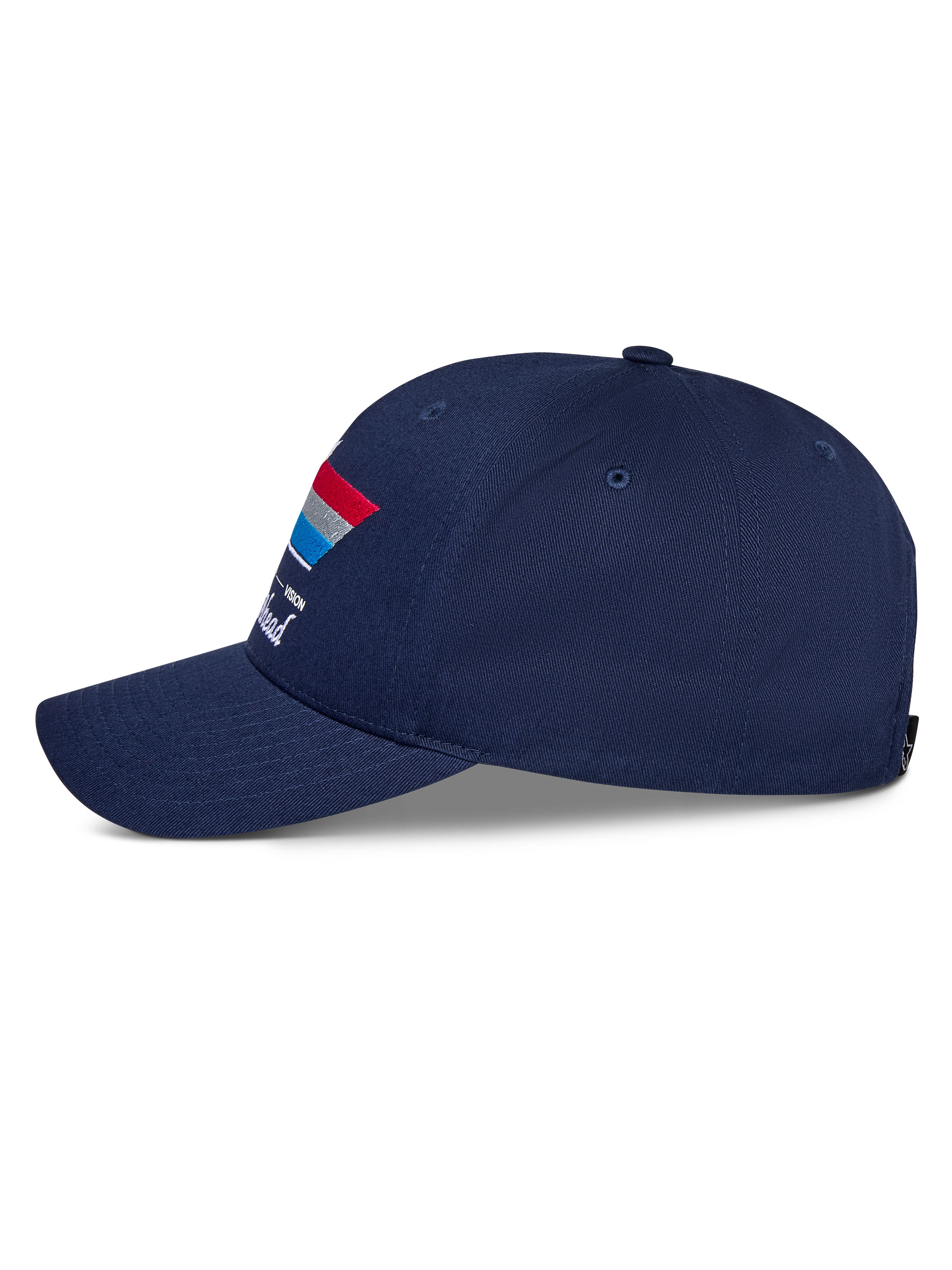 Boné Alpinestars Trifecta Snapback, azul-marinho, vista lateral, com pala curva e grafismo de riscas tricolores com texto branco, boné casual de estilo motorsport