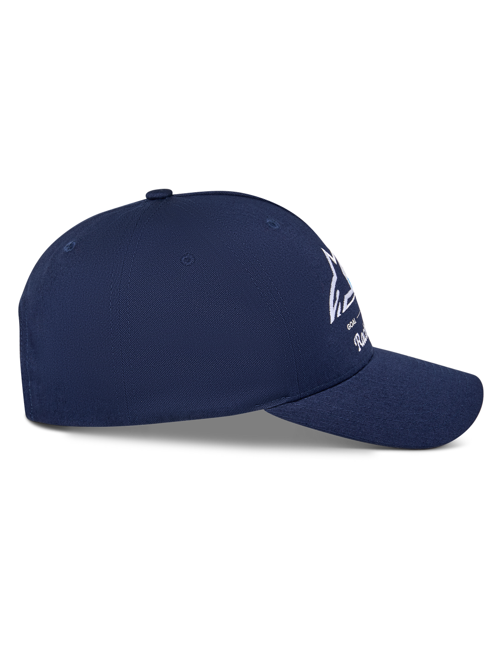 Alpinestars Trifecta Snapback Hat, azul marinho, vista lateral de perfil mostrando a pala curva e a copa estruturada, logótipo Astars branco com riscas tricolores, tecido em sarja de algodão, streetwear casual de desportos motorizados