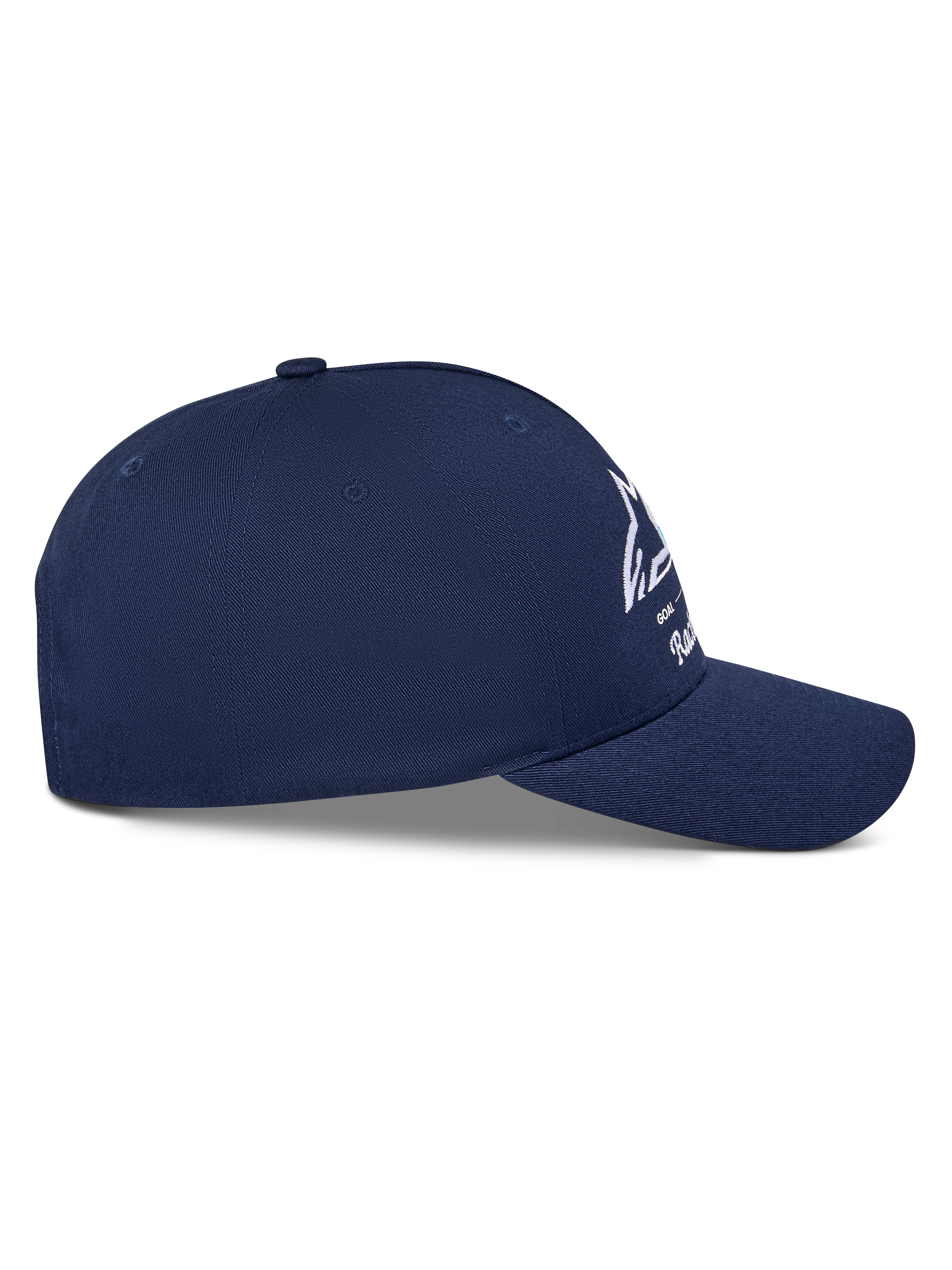 Alpinestars Trifecta Snapback Hat, azul marinho, vista lateral de perfil mostrando a pala curva e a copa estruturada, logótipo Astars branco com riscas tricolores, tecido em sarja de algodão, streetwear casual de desportos motorizados
