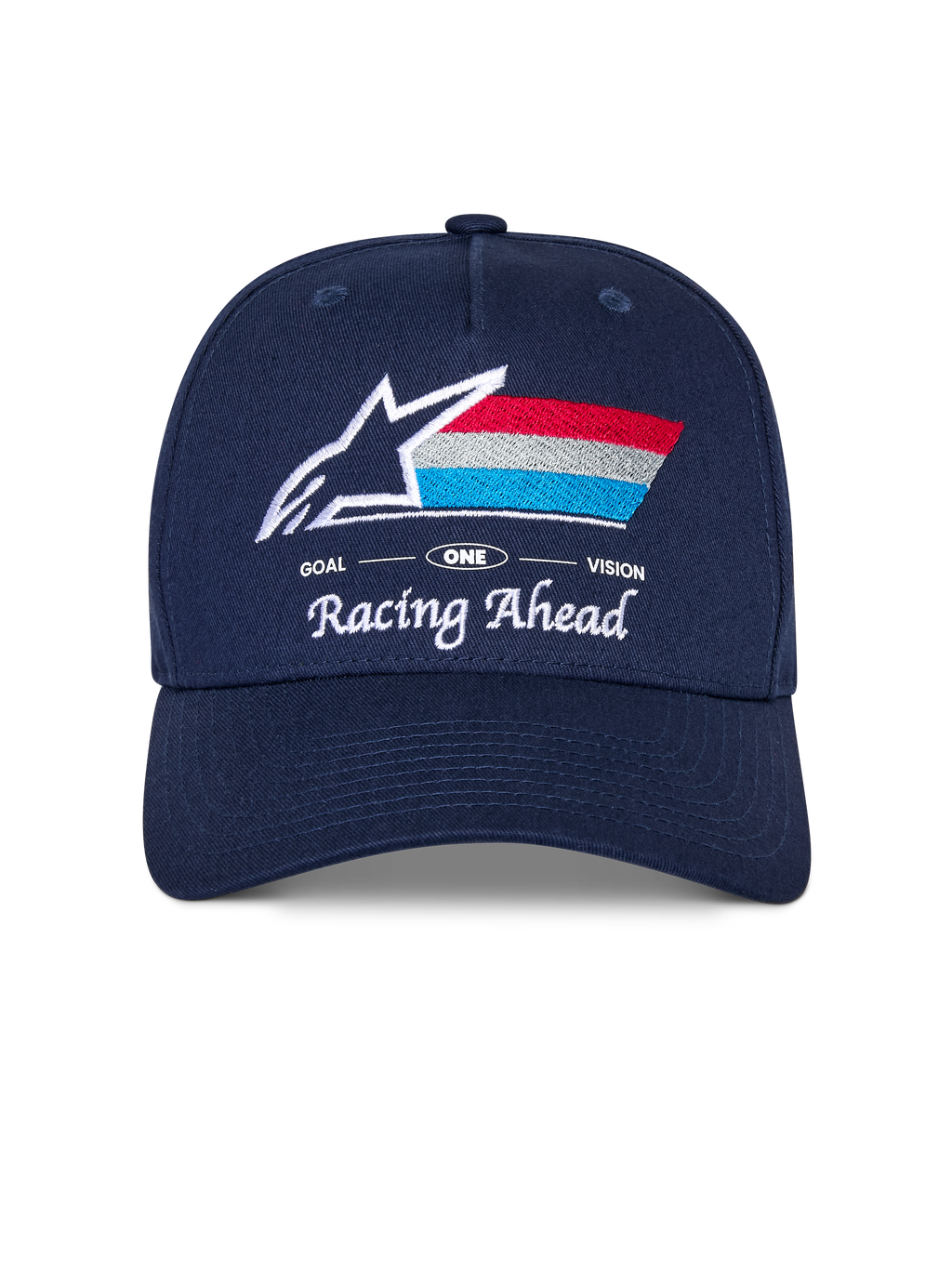 Alpinestars Trifecta Snapback Hat, boné azul-marinho com pala curva, logótipo frontal bordado com estrela branca e riscas tricolores, texto branco 'Racing Ahead' e 'Goal One Vision', copa estruturada, acessório casual inspirado no desporto motorizado