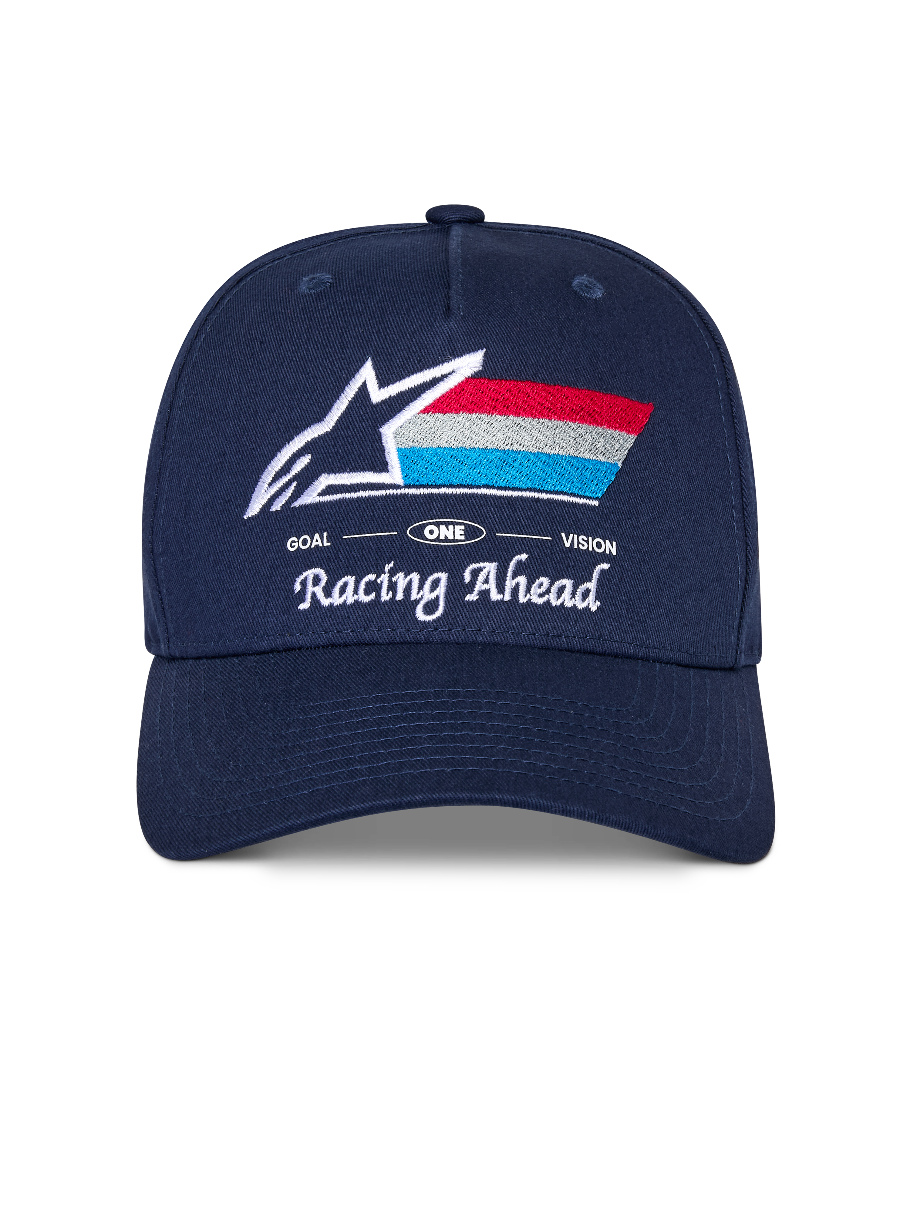Alpinestars Trifecta Snapback Hat, boné azul-marinho com pala curva, logótipo frontal bordado com estrela branca e riscas tricolores, texto branco 'Racing Ahead' e 'Goal One Vision', copa estruturada, acessório casual inspirado no desporto motorizado
