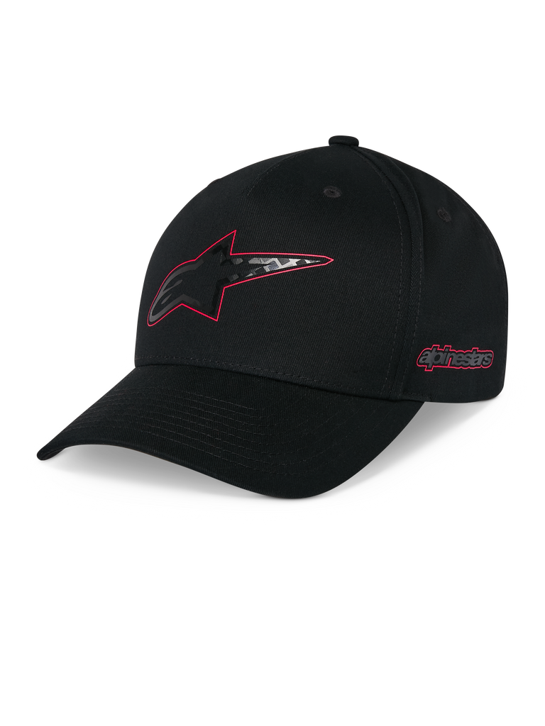 Boné Alpinestars Carbon Fiber Snapback, preto, pala curva com copa estruturada, logótipo Astars frontal com contorno vermelho e aspeto de fibra de carbono, logótipo Alpinestars lateral em vermelho, acessório casual de desportos motorizados