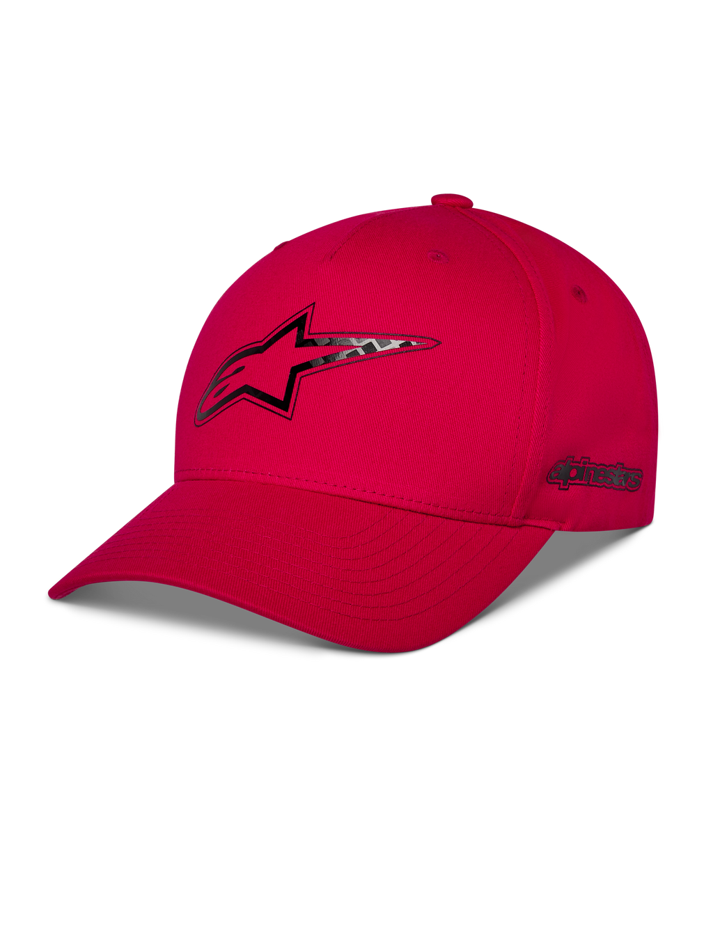 Alpinestars Carbon Fiber Snapback Hat, Red, front Astars logo and side wordmark with carbon fiber look heat transfer print, curved bill and structured crown, casual motorsport streetwear