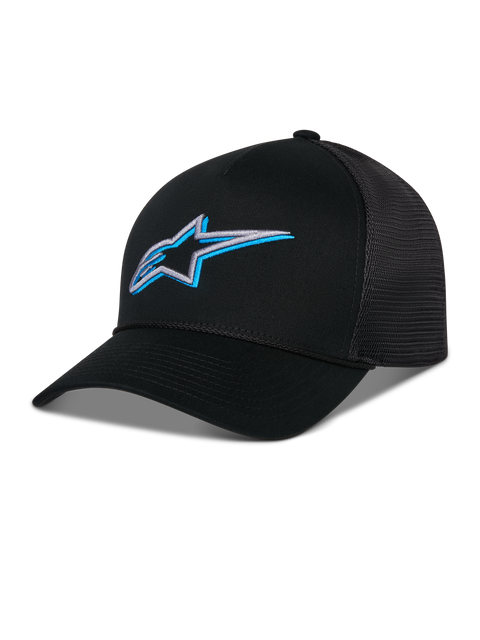 Alpinestars Ageless Shadow Trucker Hat, boné trucker preto com logótipo de estrela bordado em 3D em azul e prateado, pala curva e painéis traseiros em malha respirável, acessório casual inspirado no desporto motorizado