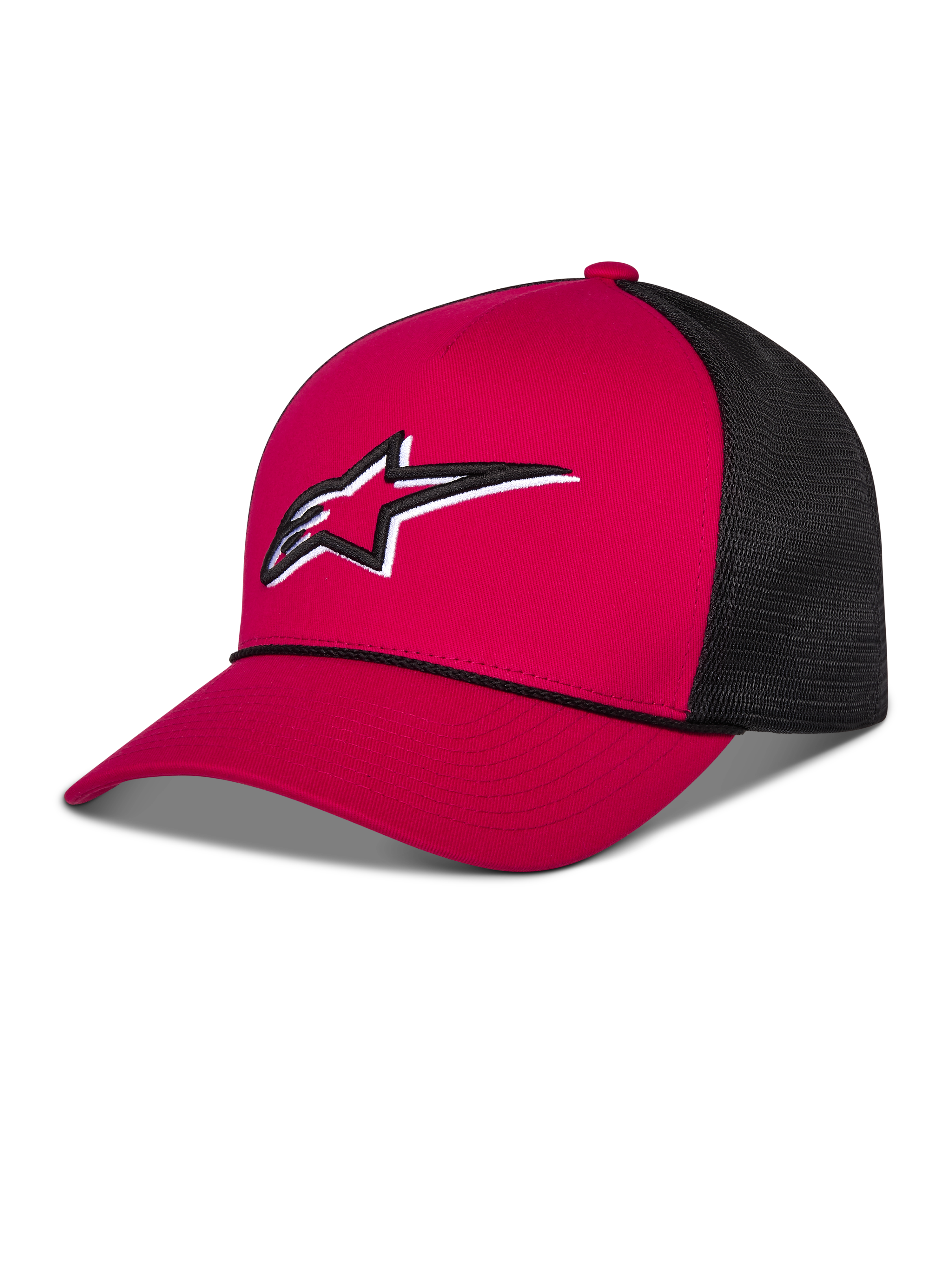 Alpinestars Ageless Shadow Trucker Hat, Red and Black, featuring a red structured crown and curved bill with black mesh back panels, white and black embroidered Astars logo on the front, casual motorsport-inspired headwear