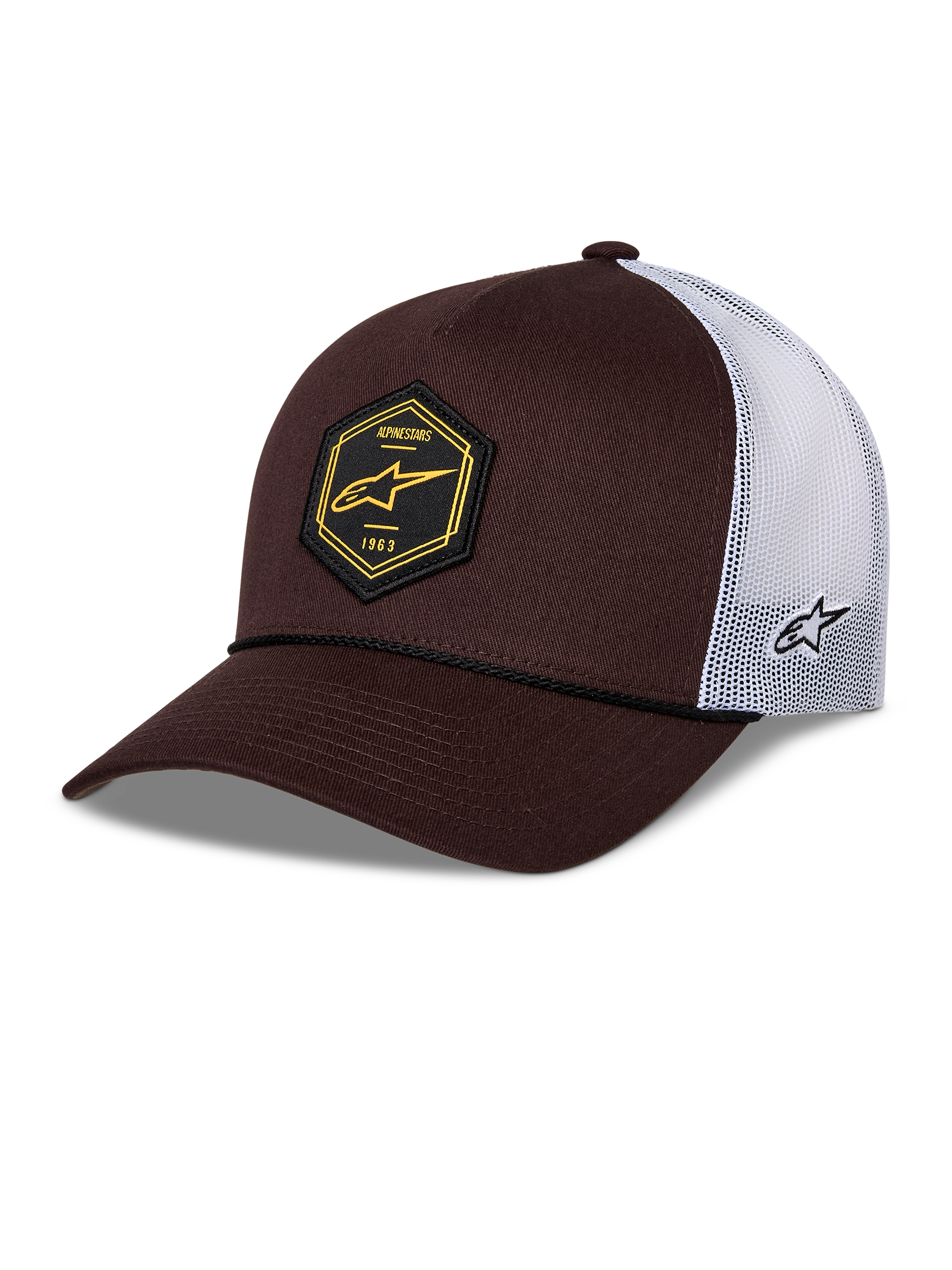 Alpinestars Hexeon Trucker Hat, Brown and White, curved bill with structured dark brown front and white mesh back, featuring a black hexagon front patch with yellow logo, side embroidered logo, and classic trucker styling.