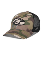 Alpinestars Oblique Camo Trucker Hat, Green Camo and Black, twill camouflage front with black mesh back, front oval Alpinestars logo patch, curved bill, casual motorsport headwear