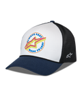 Alpinestars Aorbit Trucker Hat, White Navy and Black, curved navy bill with white front panel and black mesh back, front graphic with Always Fast Made to Last text and yellow Astars logo, side embroidered logo, casual motorsport-inspired headwear