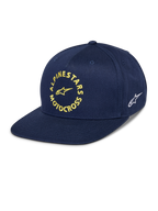 Alpinestars MX Snapback Hat, Navy Blue, Flat Bill with Structured Crown, Front Yellow Embroidered Alpinestars Motocross Graphic, Side White Astars Logo, Cotton Twill, Casual Motorsport Headwear