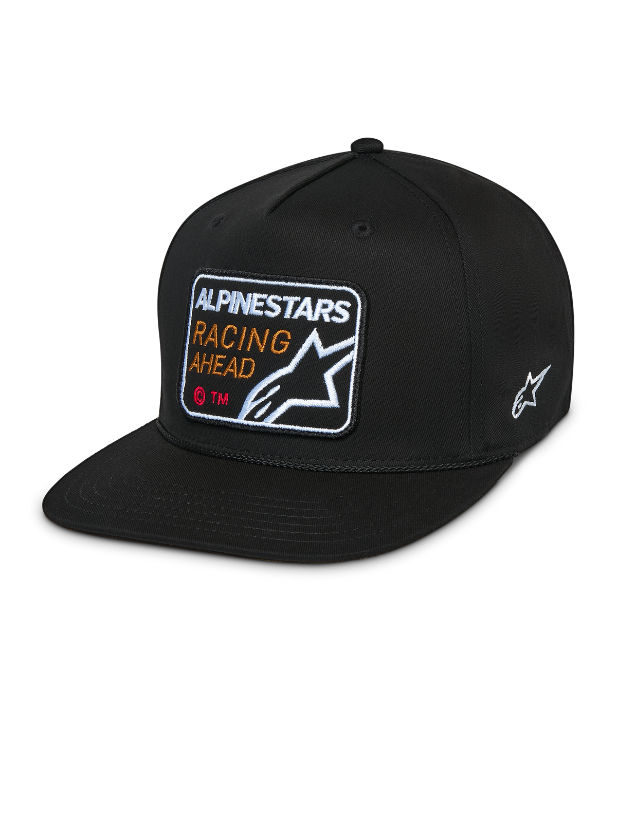 Boné Alpinestars Intuitive Snapback, preto, pala plana com copa estruturada, patch bordado frontal com "Alpinestars Racing Ahead" e logótipo, logótipo Astars branco na lateral, acessório casual em sarja