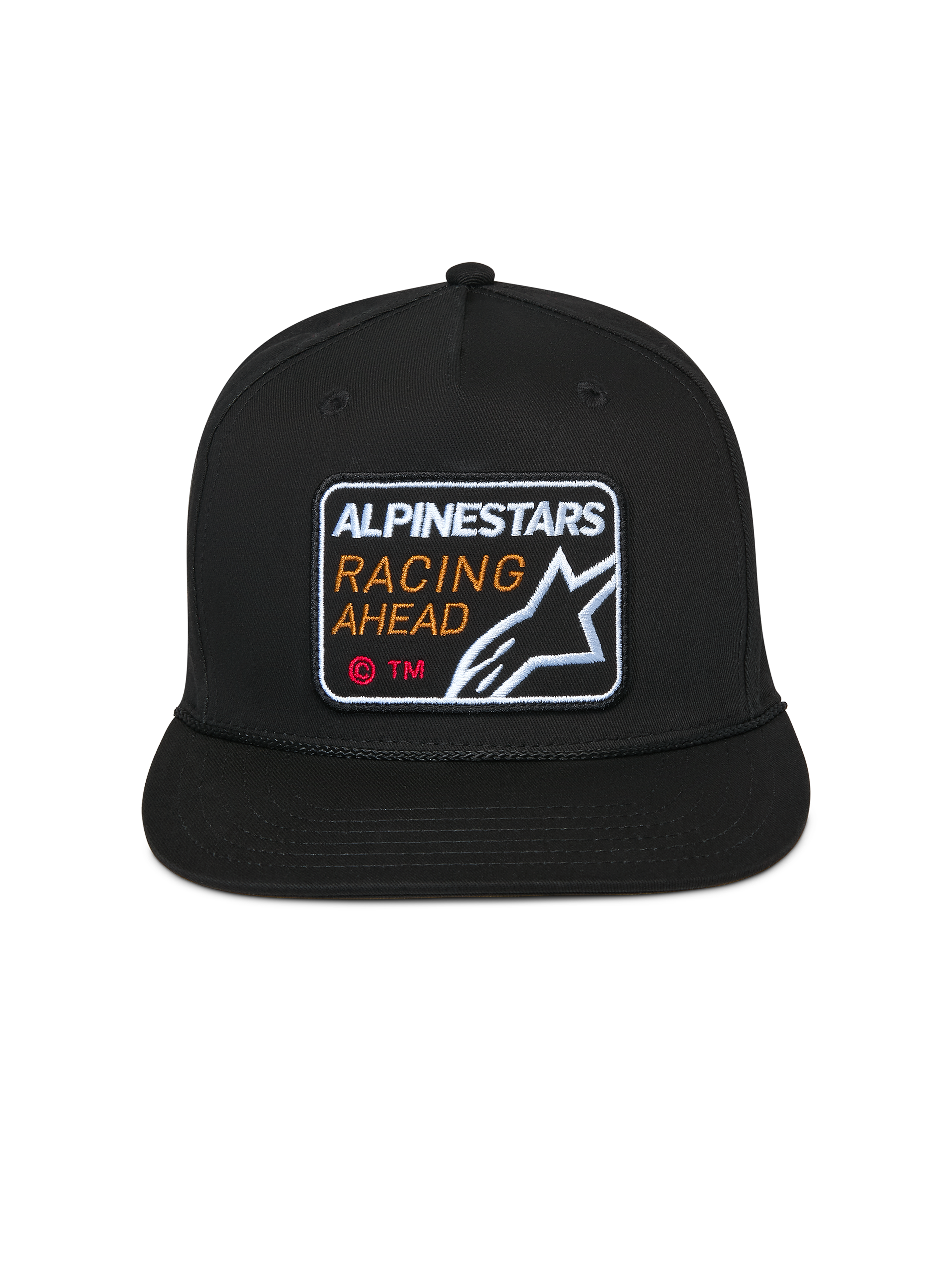 Alpinestars Intuitive Snapback Hat, Black, Front Alpinestars Racing Ahead Embroidered Patch, Flat Bill with Structured Crown, Casual Motorsport Headwear