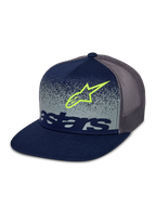 Alpinestars Component Trucker Hat, Navy and Grey, flat bill with structured crown, grey mesh back, featuring a lime green Astars logo outline and navy wordmark over a grey speckled MX gradation front panel.