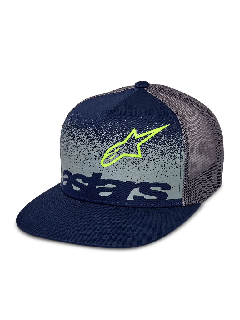 Boné Trucker Component da Alpinestars, azul-marinho e cinzento, pala plana com copa estruturada, parte traseira em malha cinzenta, com o contorno do logótipo Astars em verde-lima e logótipo nominativo em azul-marinho sobre um painel frontal com gradação MX salpicada em cinzento