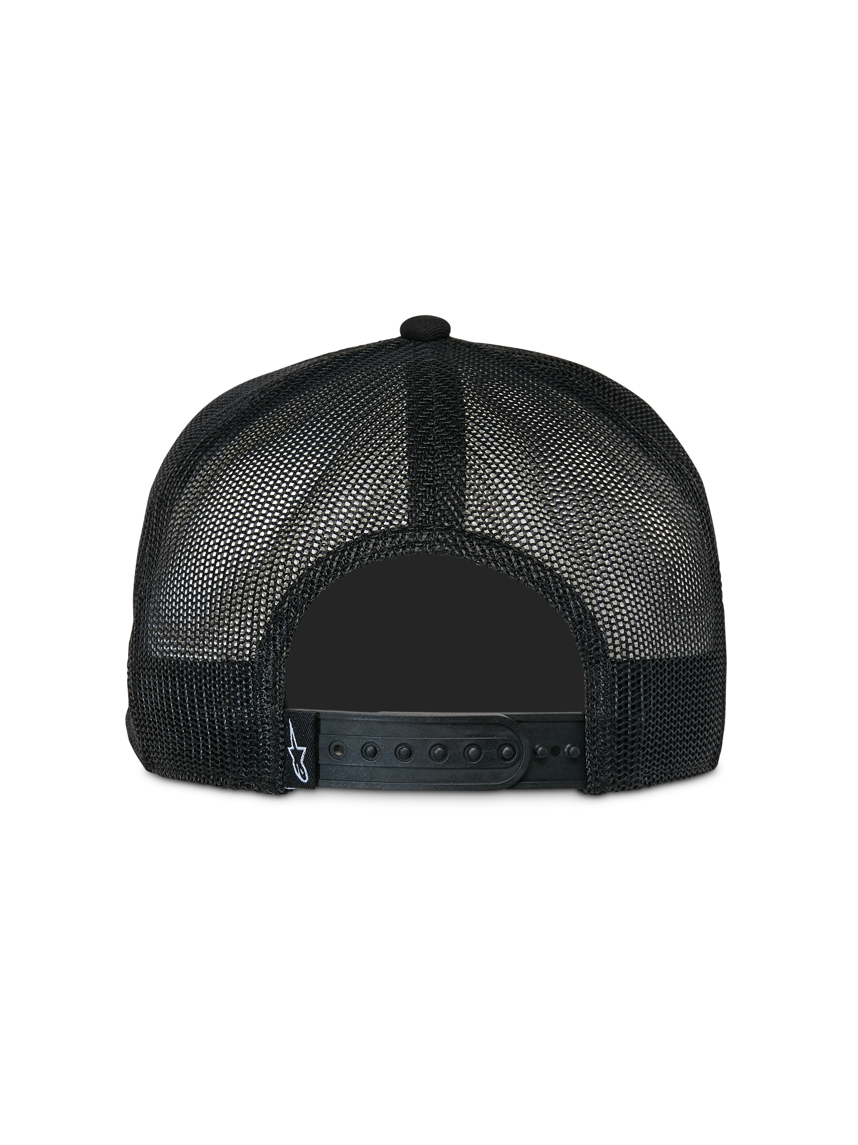 Boné Trucker Alpinestars Contender, preto, vista traseira com malha de poliéster e fecho snapback ajustável, pequena etiqueta branca com o logótipo Astars, acessório casual inspirado no desporto motorizado