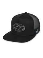 Boné Trucker Alpinestars Contender, boné snapback preto, pala plana, remendo oval frontal com logótipo Astars axadrezado e texto Racing Ahead, malha preta nas costas, logótipo bordado na lateral, casual motorsport streetwear