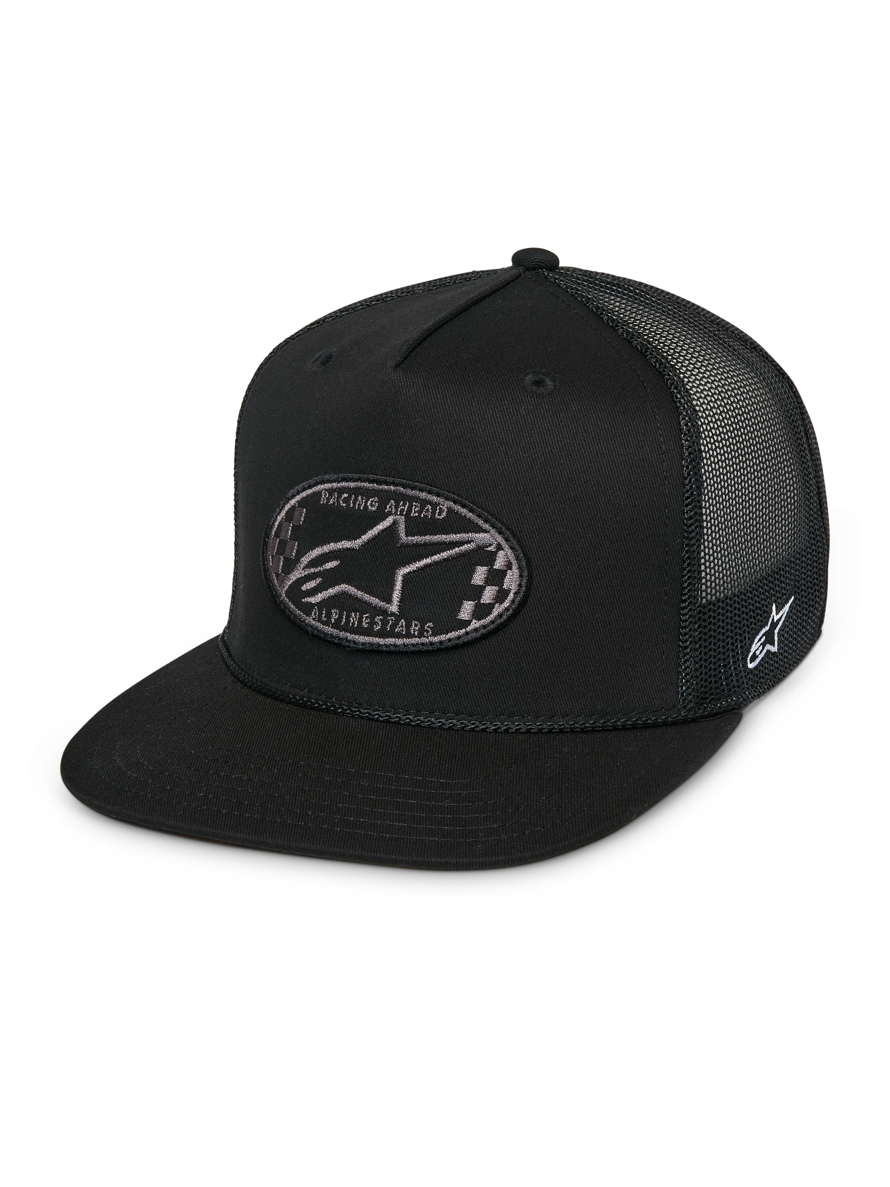 Boné Trucker Alpinestars Contender, boné snapback preto, pala plana, remendo oval frontal com logótipo Astars axadrezado e texto Racing Ahead, malha preta nas costas, logótipo bordado na lateral, casual motorsport streetwear