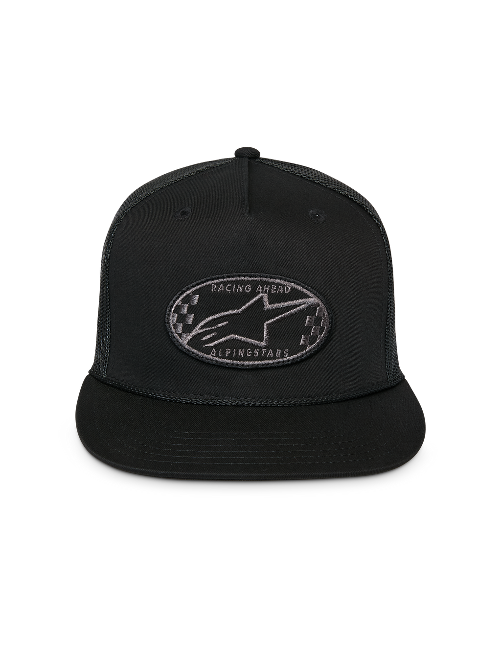 Boné Trucker Alpinestars Contender, preto, boné snapback estruturado com pala plana, remendo bordado oval frontal com logótipo Astars e padrão xadrez, parte traseira em malha, acessório de cabeça sportswear casual