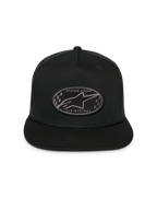 Boné Trucker Alpinestars Contender, preto, boné snapback estruturado com pala plana, remendo bordado oval frontal com logótipo Astars e padrão xadrez, parte traseira em malha, acessório de cabeça sportswear casual