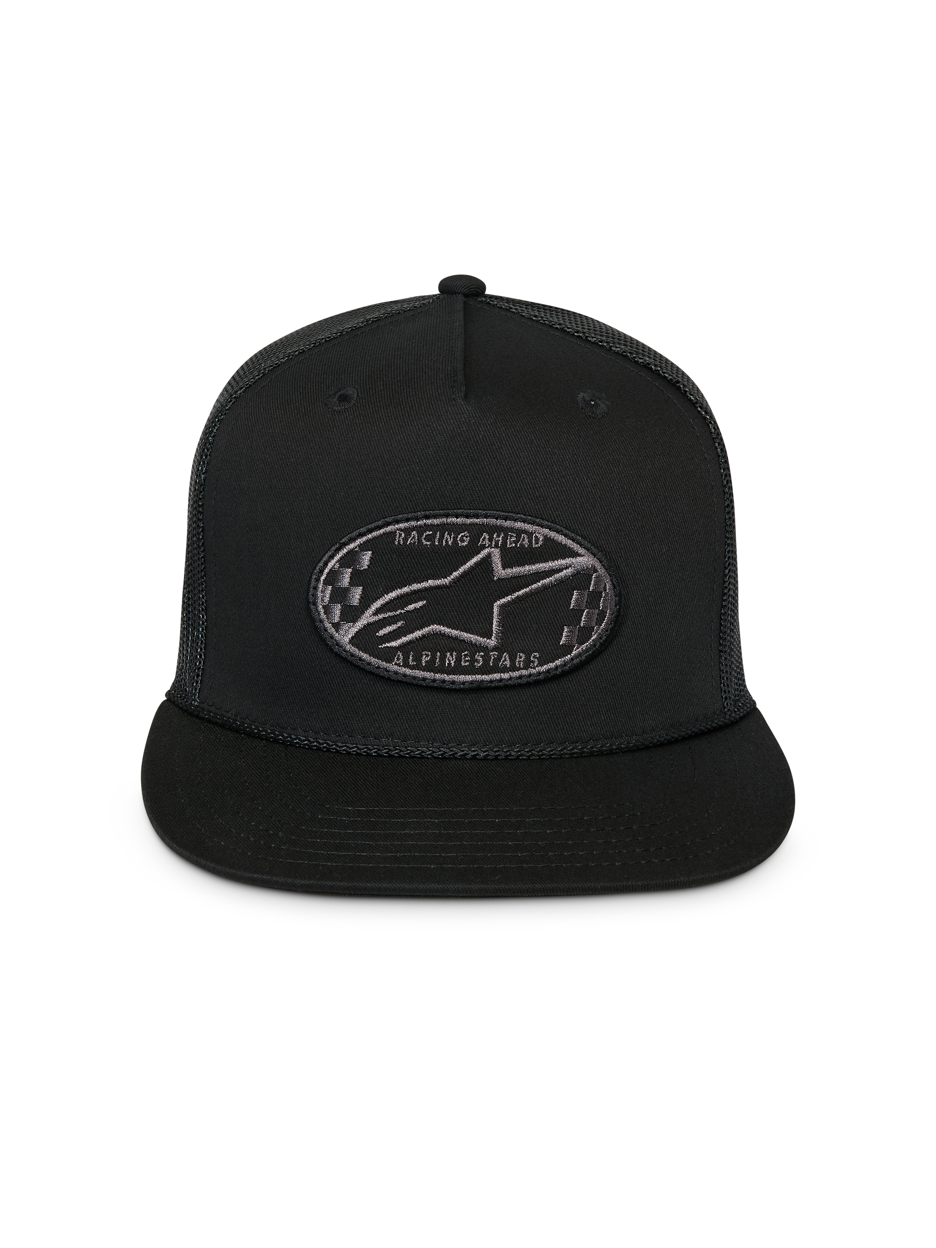 Boné Trucker Alpinestars Contender, preto, boné snapback estruturado com pala plana, remendo bordado oval frontal com logótipo Astars e padrão xadrez, parte traseira em malha, acessório de cabeça sportswear casual