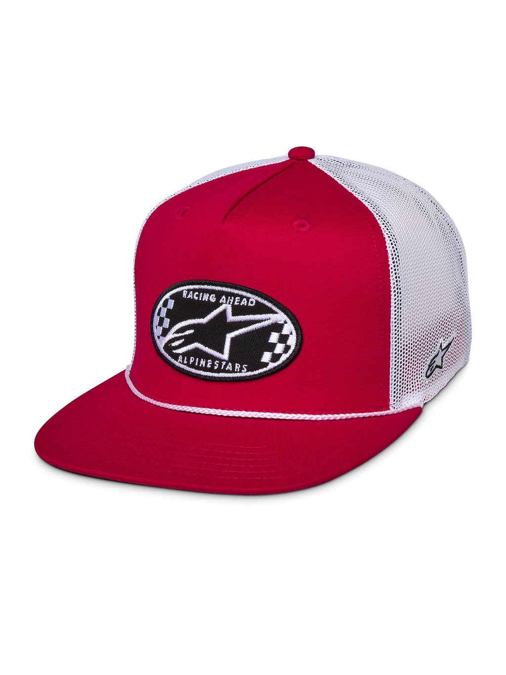 Alpinestars Contender Trucker Hat, boné vermelho e branco de pala plana, com patch oval frontal bordado com padrão xadrez e logótipo Astars, parte traseira em rede branca, estilo casual motorsport streetwear