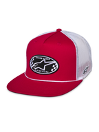 Alpinestars Contender Trucker Hat, boné vermelho e branco de pala plana, com patch oval frontal bordado com padrão xadrez e logótipo Astars, parte traseira em rede branca, estilo casual motorsport streetwear