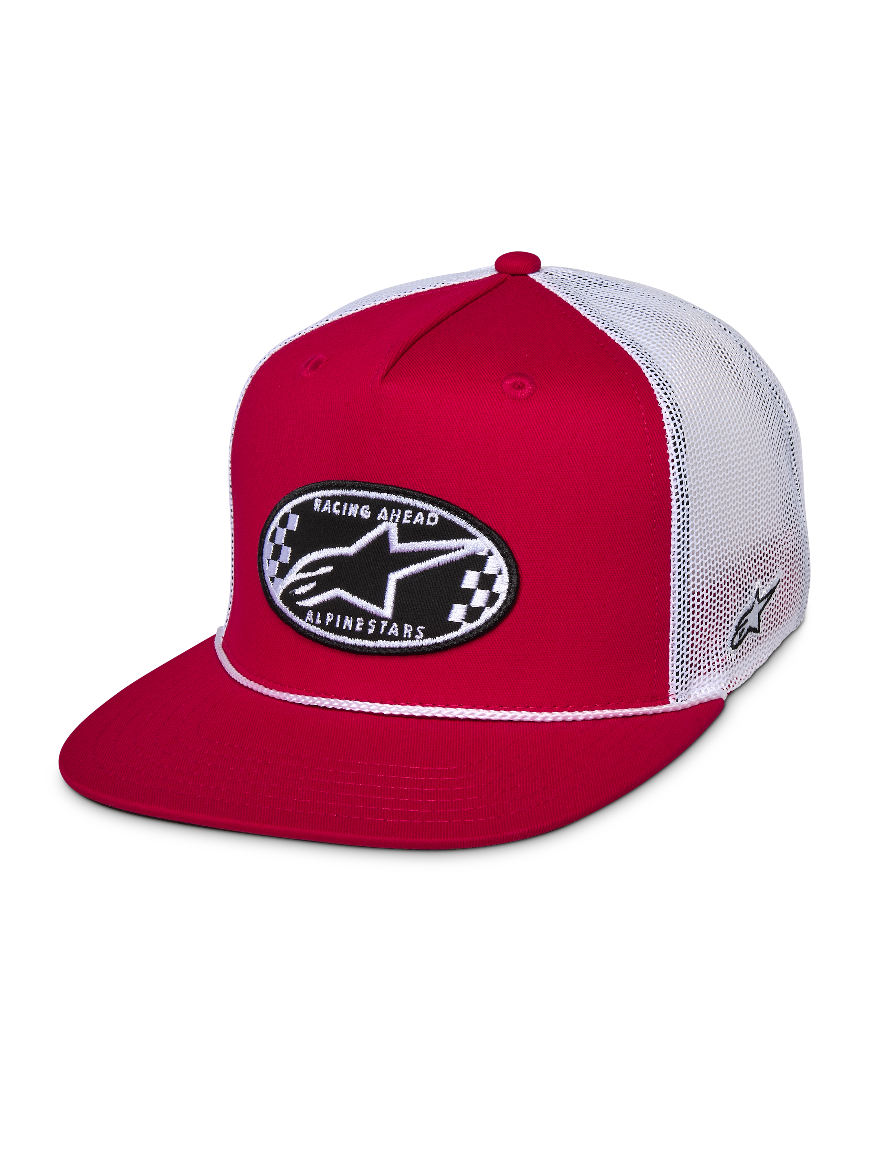 Alpinestars Contender Trucker Hat, boné vermelho e branco de pala plana, com patch oval frontal bordado com padrão xadrez e logótipo Astars, parte traseira em rede branca, estilo casual motorsport streetwear