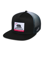 Alpinestars Cali Gradient Trucker Hat, Trucker Cap, Black with grey gradient mesh back, featuring a Cali Bear woven label patch with red accents, flat bill, side Astars logo embroidery, casual sportswear