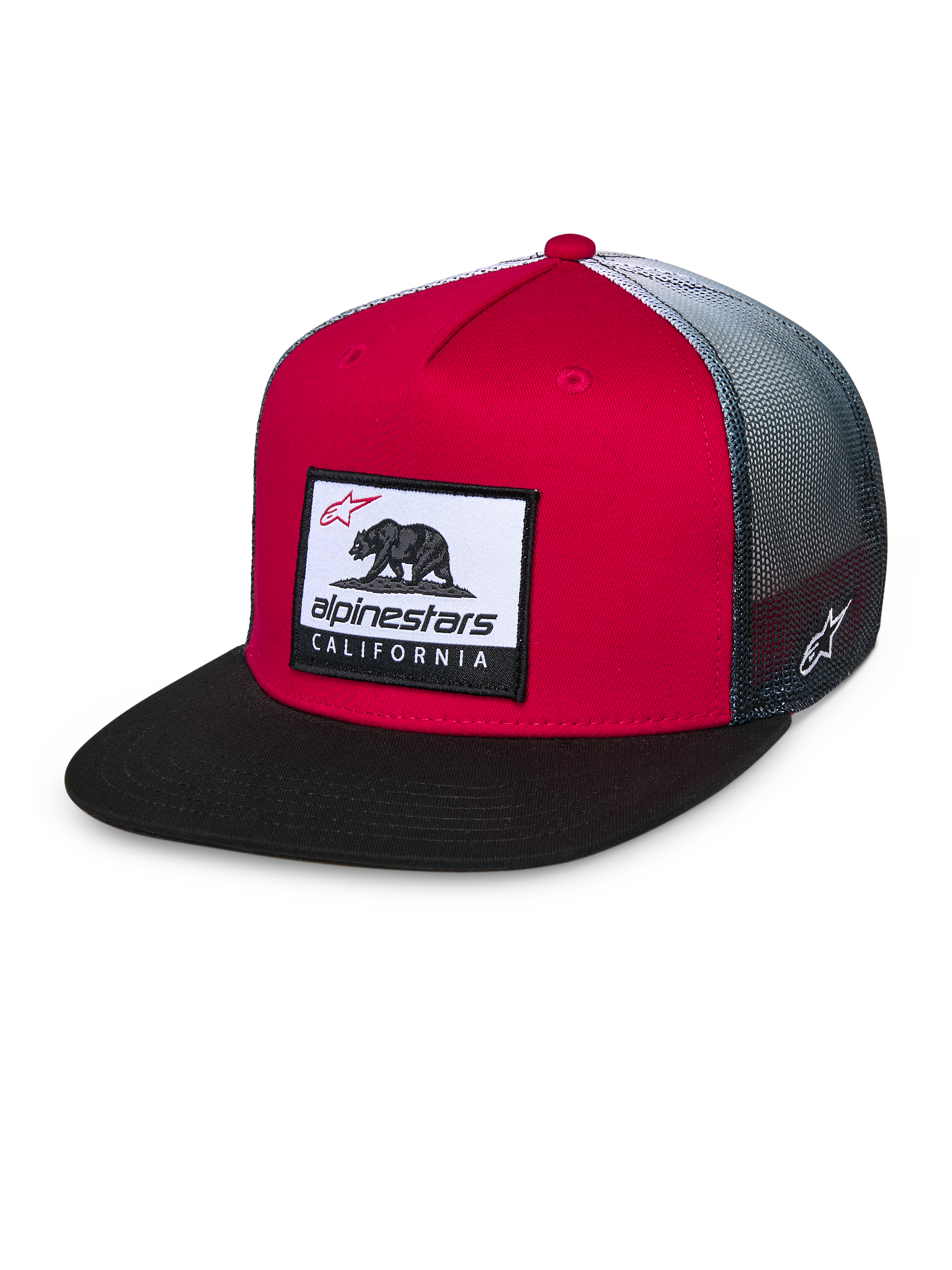 Alpinestars Cali Gradient Trucker Hat, Red Black and White, structured red crown with black flat bill, grey gradient mesh back, featuring a Cali Bear woven patch and side logo embroidery, casual motorsport headwear