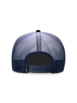 Alpinestars Cali Gradient Trucker Hat, Navy and White, Rear view featuring a navy poly mesh gradient back, adjustable snapback closure, and a small black Astars logo tag, casual sportswear design