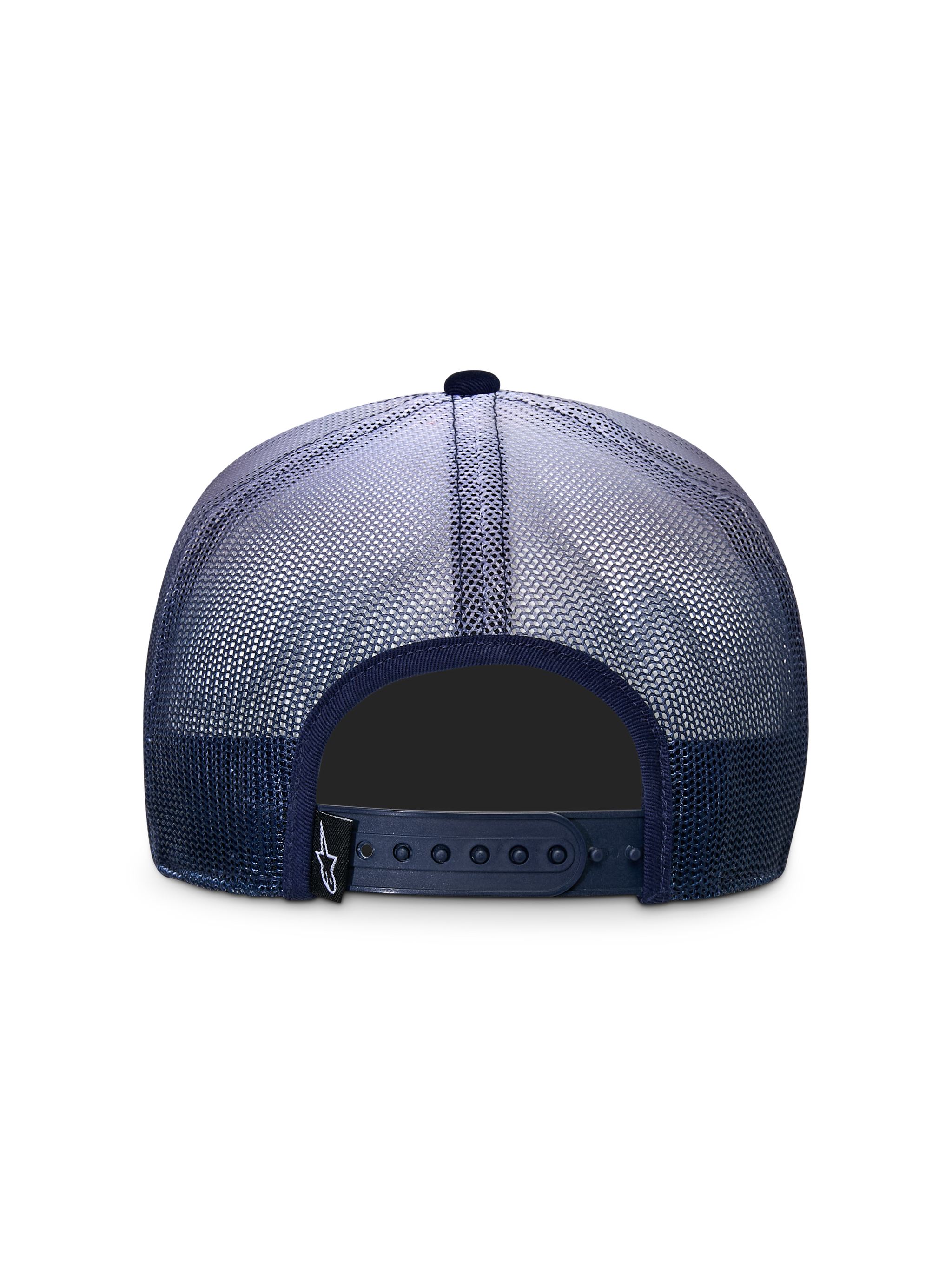 Alpinestars Cali Gradient Trucker Hat, Navy and White, Rear view featuring a navy poly mesh gradient back, adjustable snapback closure, and a small black Astars logo tag, casual sportswear design