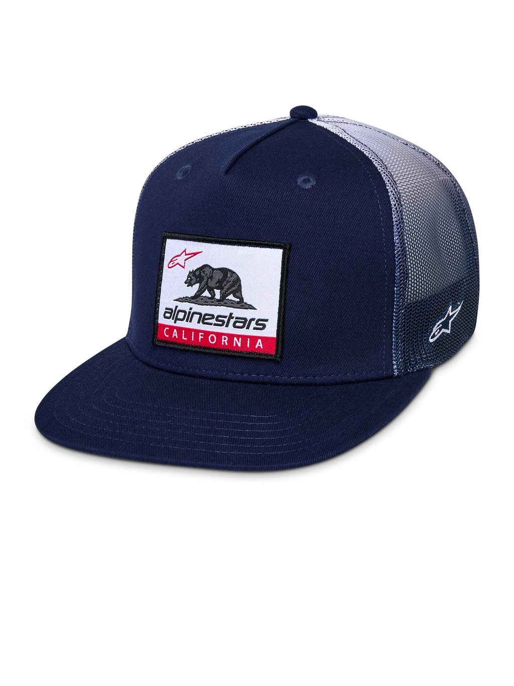 Boné Trucker Alpinestars Cali Gradient, boné snapback, azul-marinho e branco, com pala plana, patch tecido com o urso da Califórnia na frente, malha traseira com gradiente e bordado lateral do logótipo Astars
